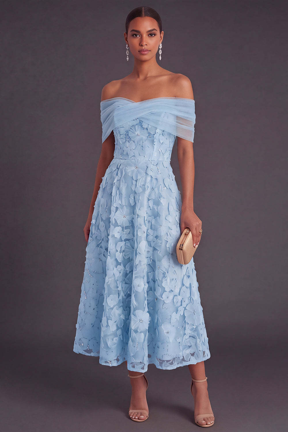 Leely Women Blue Floral Midi Wedding Guest Dress A-Line Off the Shoulder Lace Up Garden Party Dress