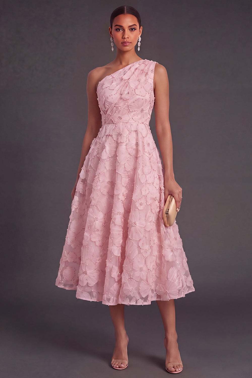 Leely Women Floral Midi Blue Wedding Guest Dress A-Line One Shoulder Garden Party Dress with Pearls