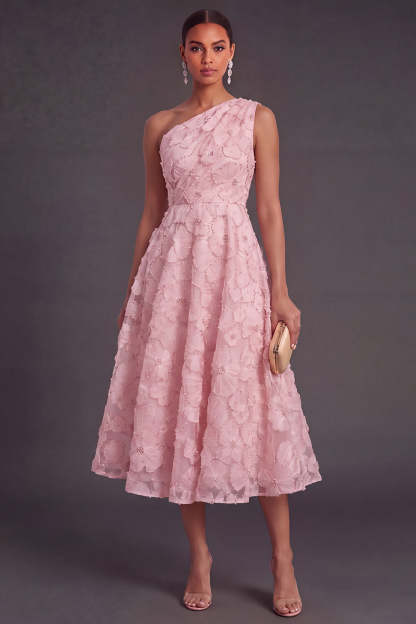 Leely Women Floral Midi Blue Wedding Guest Dress A-Line One Shoulder Garden Party Dress with Pearls