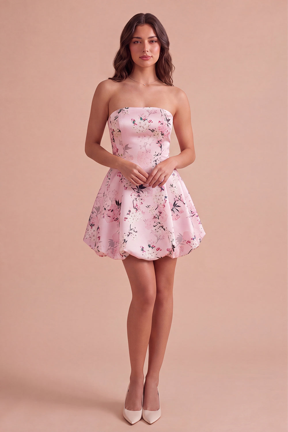 Pink Floral A Line Strapless Bubble Short Homecoming Dress