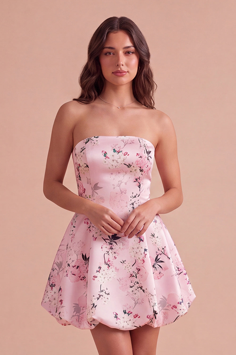 Pink Floral A Line Strapless Bubble Short Homecoming Dress