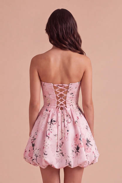 Pink Floral A Line Strapless Bubble Short Homecoming Dress