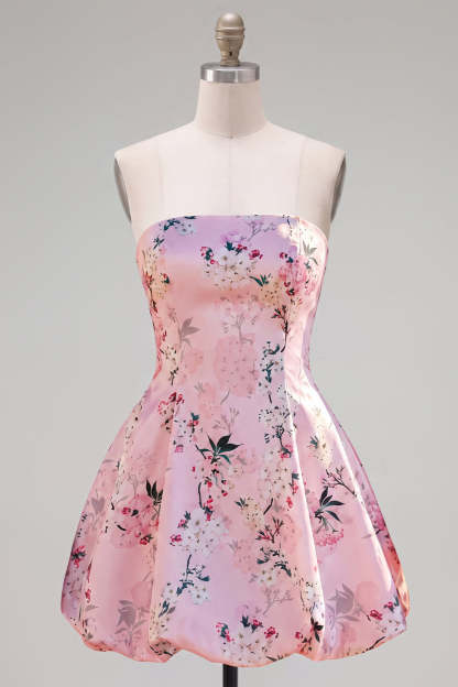 Pink Floral A Line Strapless Bubble Short Homecoming Dress