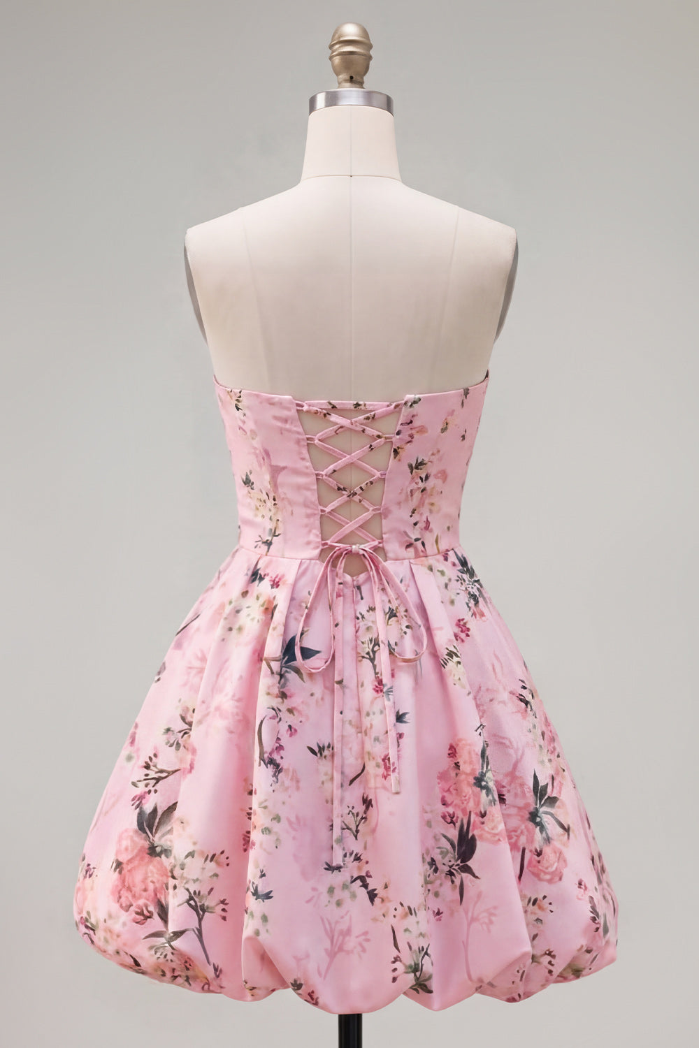 Pink Floral A Line Strapless Bubble Short Homecoming Dress