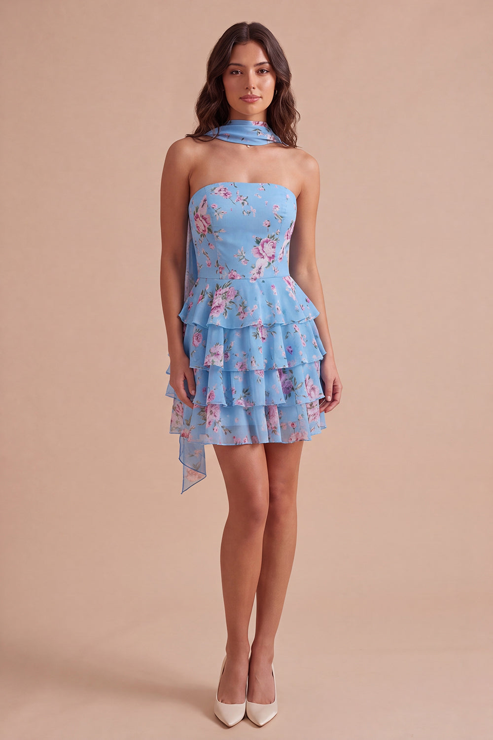 Yellow Ruffled Neck Scarf Floral Short Homecoming Dress
