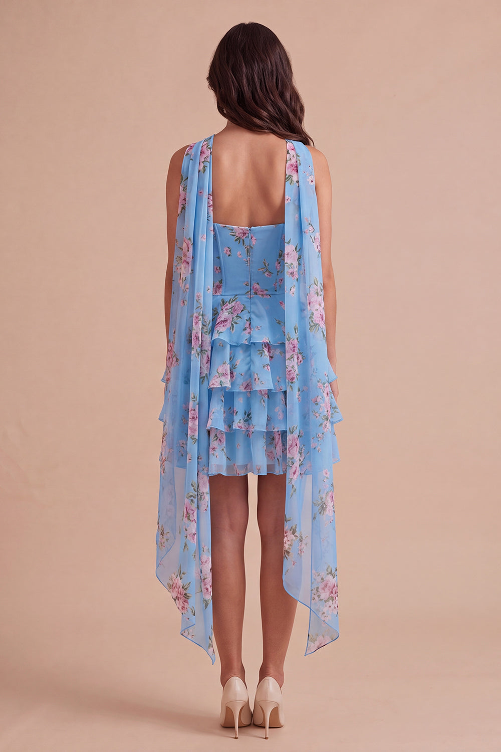 Yellow Ruffled Neck Scarf Floral Short Homecoming Dress
