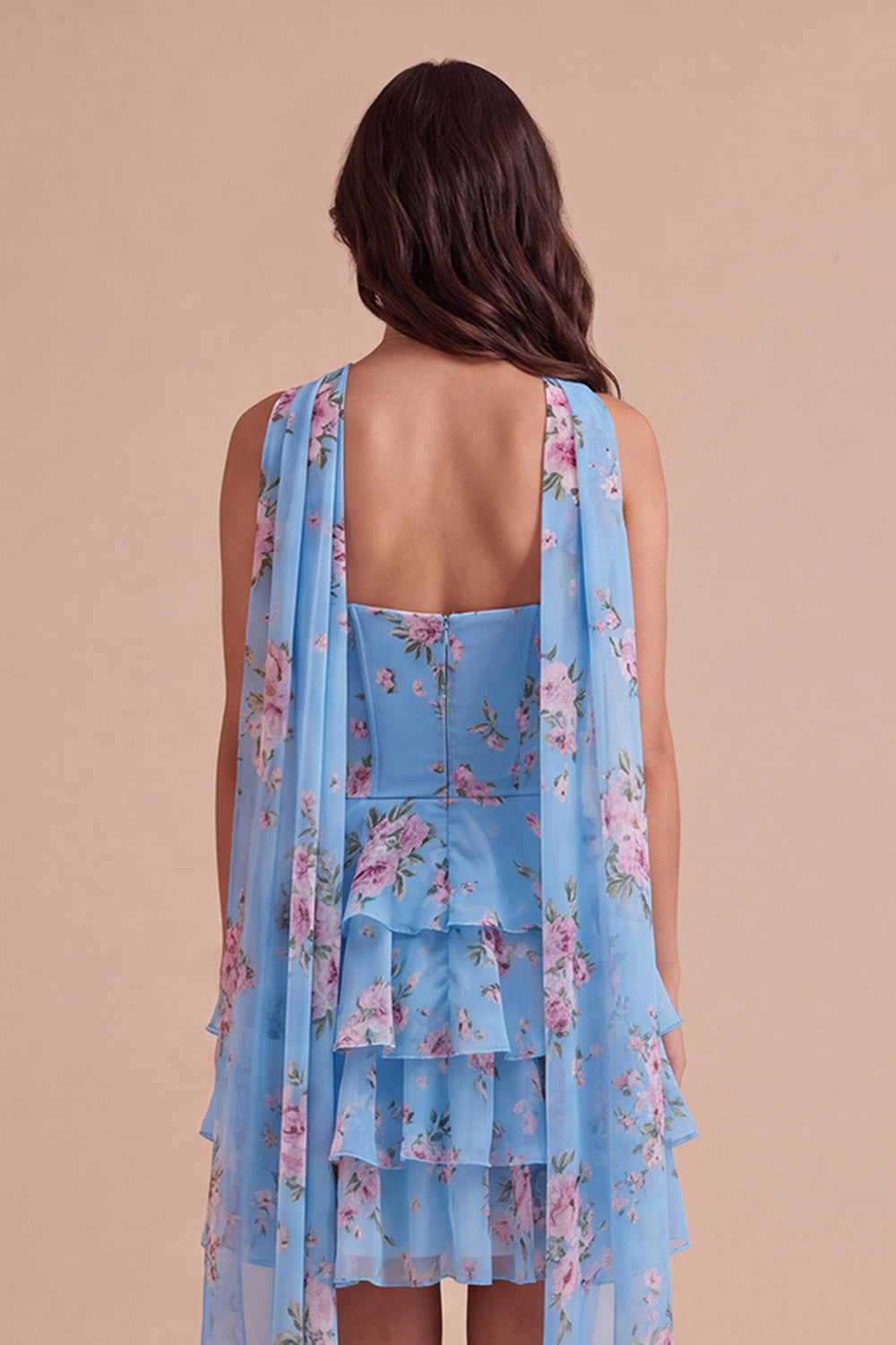 Yellow Ruffled Neck Scarf Floral Short Homecoming Dress