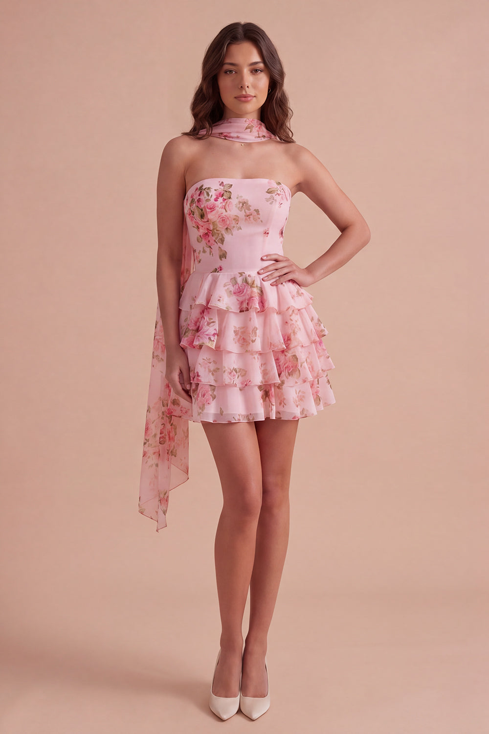 Yellow Ruffled Neck Scarf Floral Short Homecoming Dress