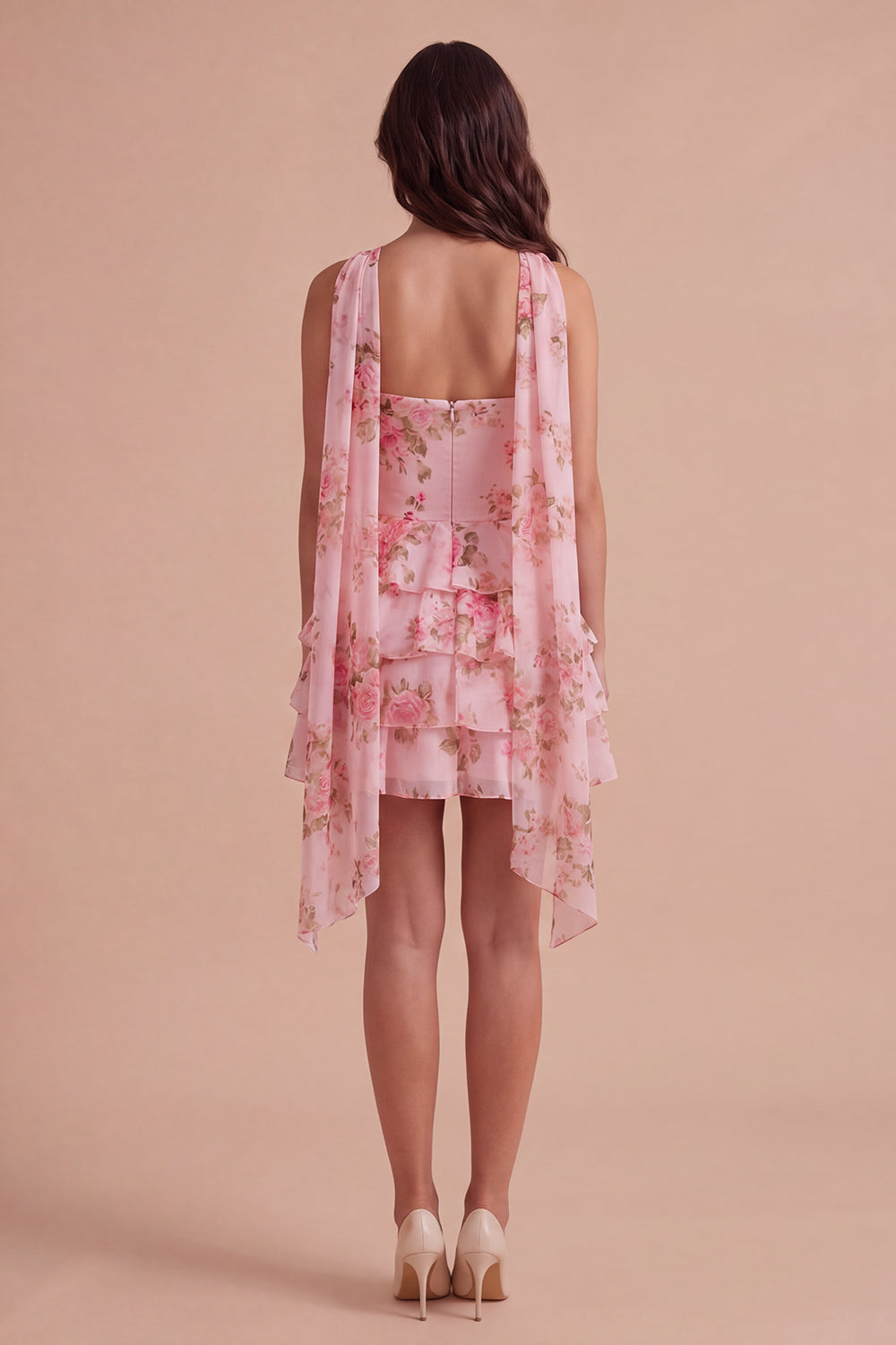 Yellow Ruffled Neck Scarf Floral Short Homecoming Dress