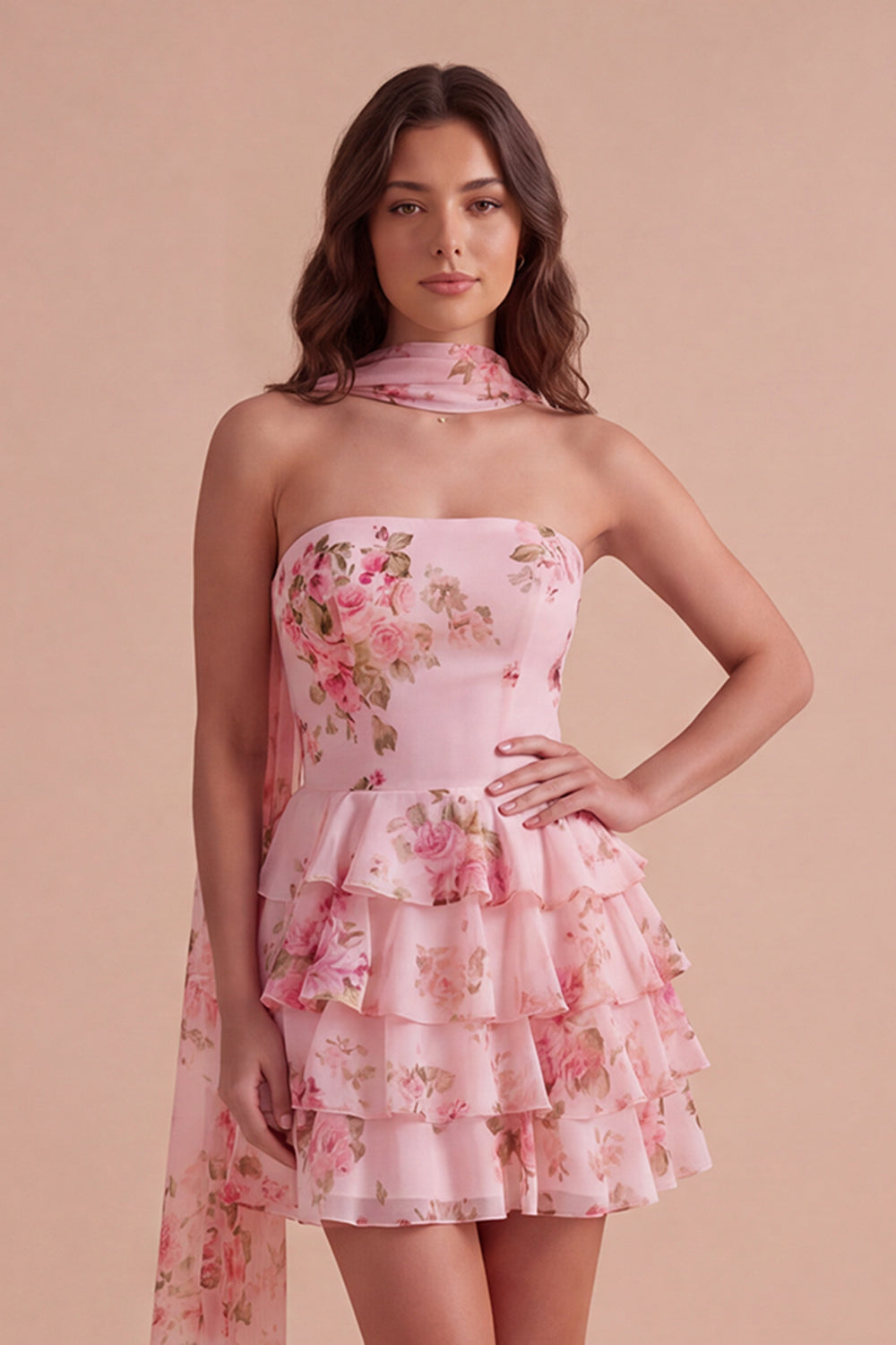 Yellow Ruffled Neck Scarf Floral Short Homecoming Dress