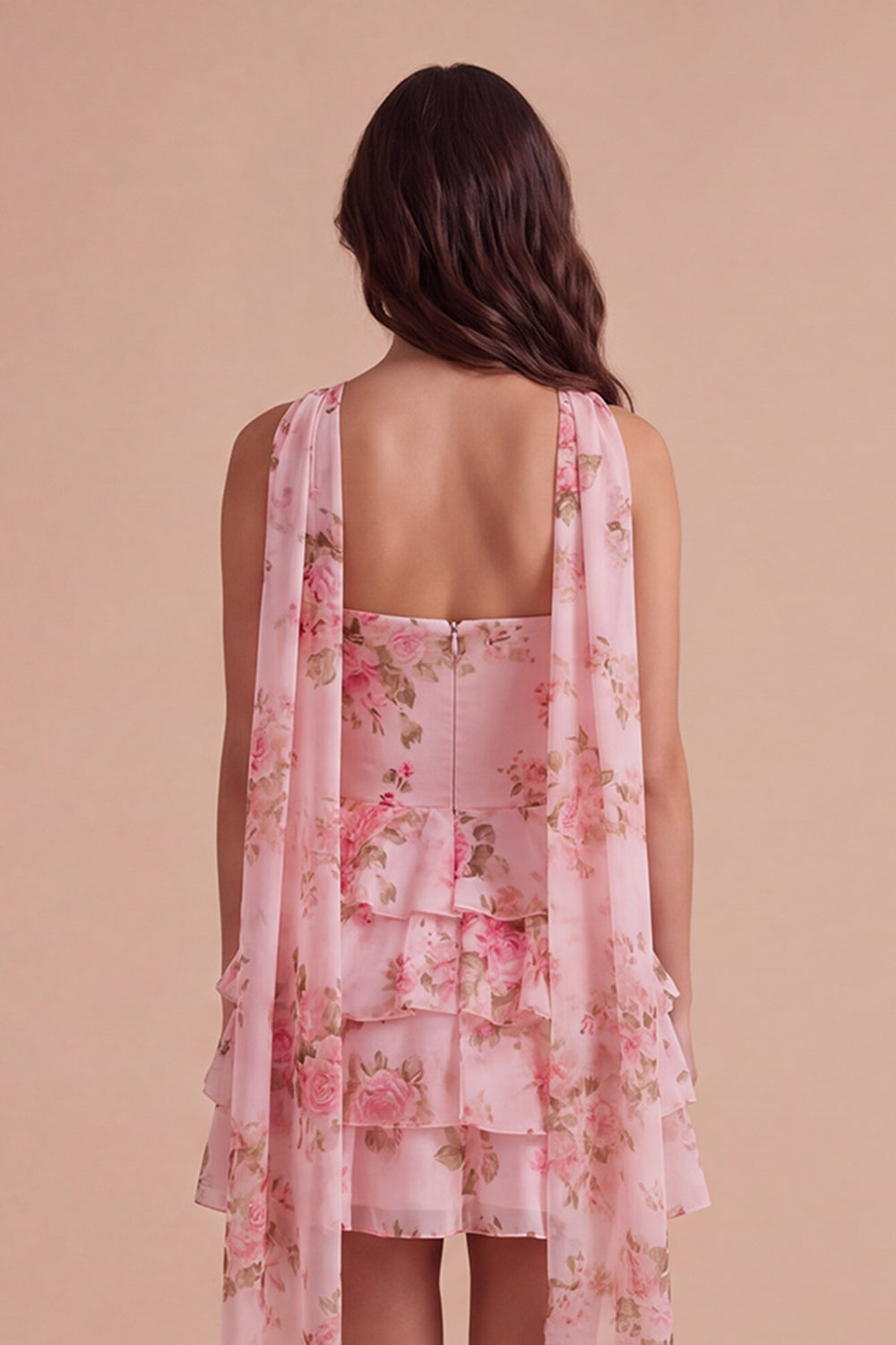 Yellow Ruffled Neck Scarf Floral Short Homecoming Dress