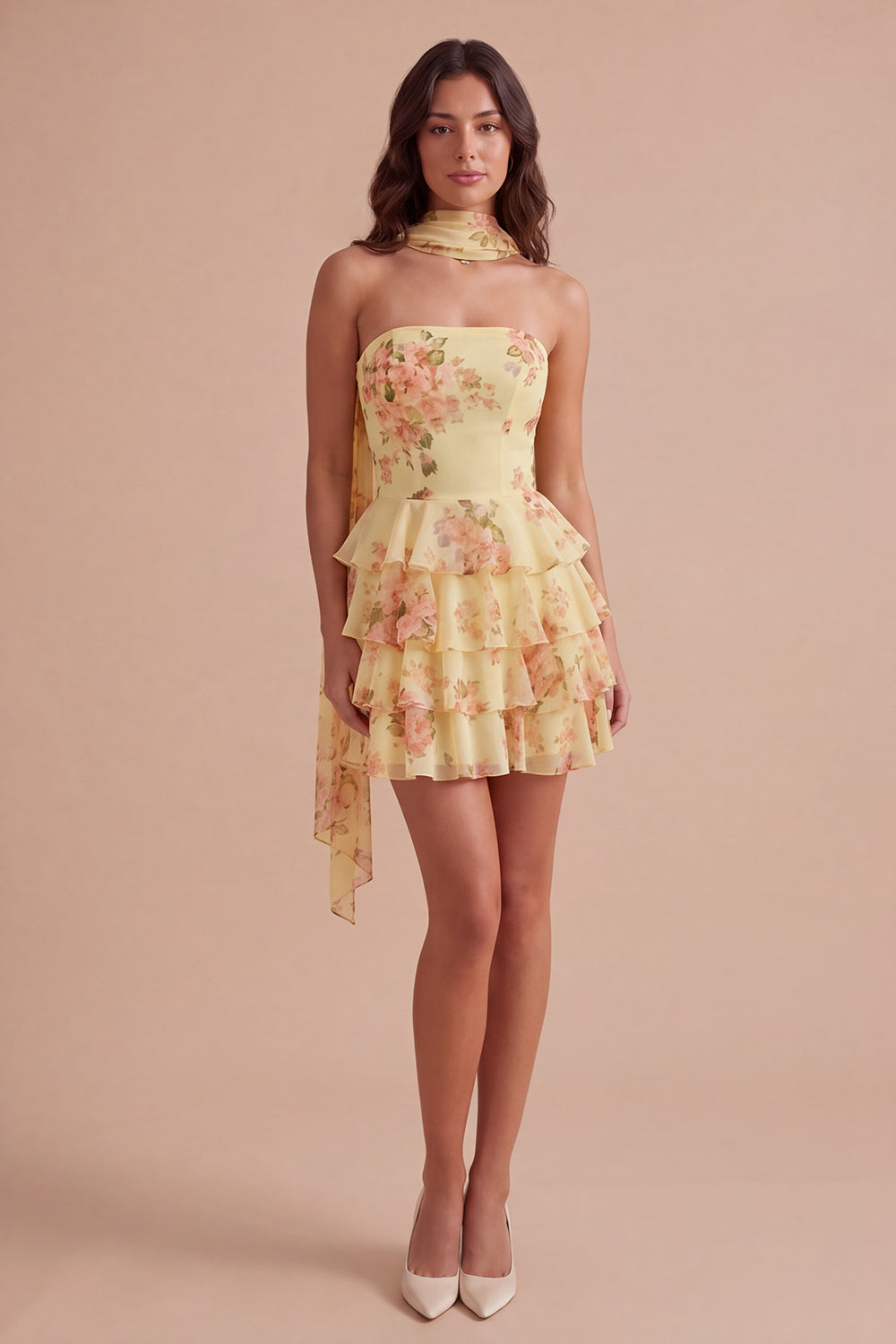 Yellow Ruffled Neck Scarf Floral Short Homecoming Dress
