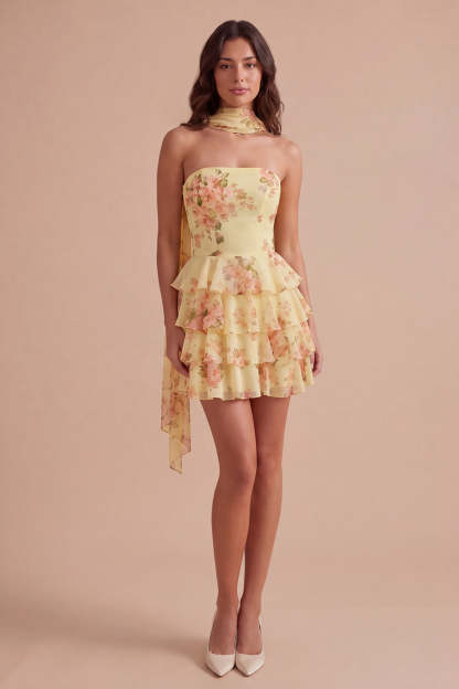 Yellow Ruffled Neck Scarf Floral Short Homecoming Dress