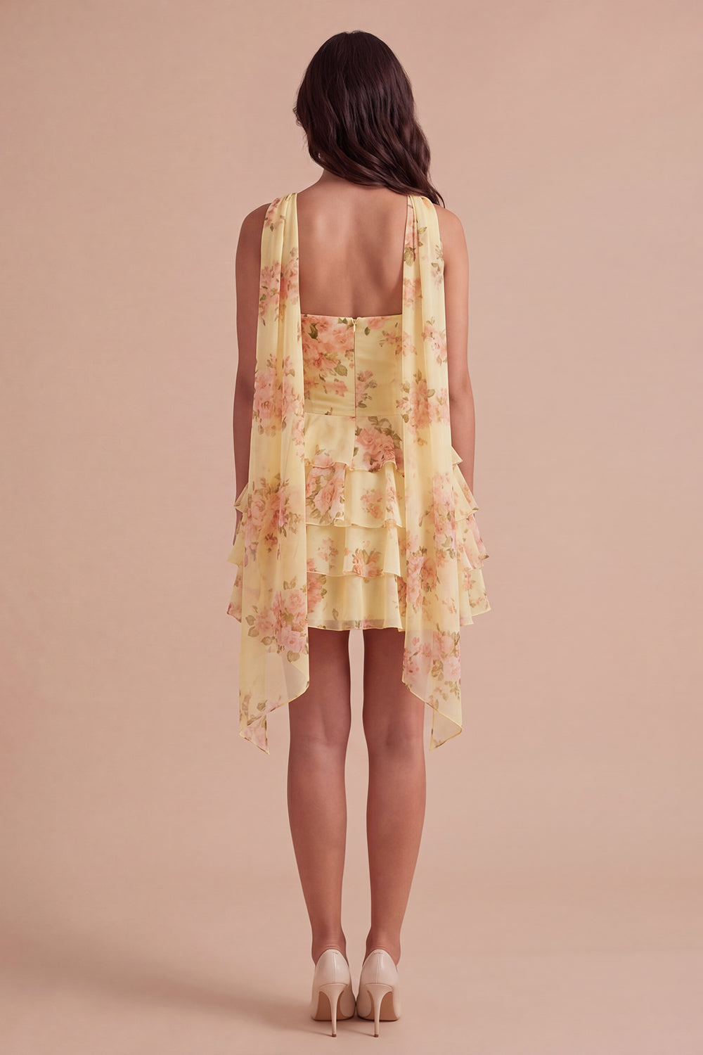 Yellow Ruffled Neck Scarf Floral Short Homecoming Dress