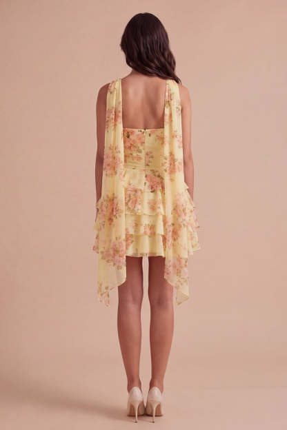 Yellow Ruffled Neck Scarf Floral Short Homecoming Dress