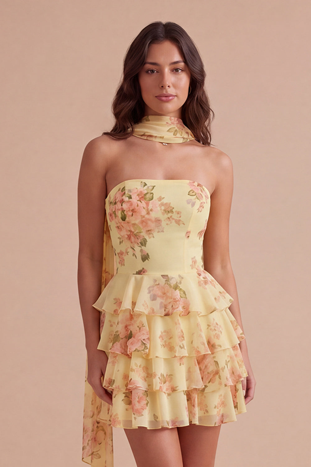 Yellow Ruffled Neck Scarf Floral Short Homecoming Dress