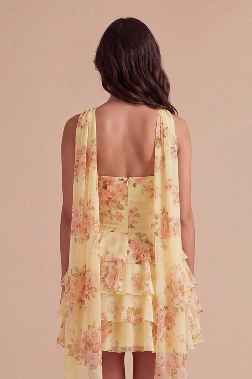 Yellow Ruffled Neck Scarf Floral Short Homecoming Dress