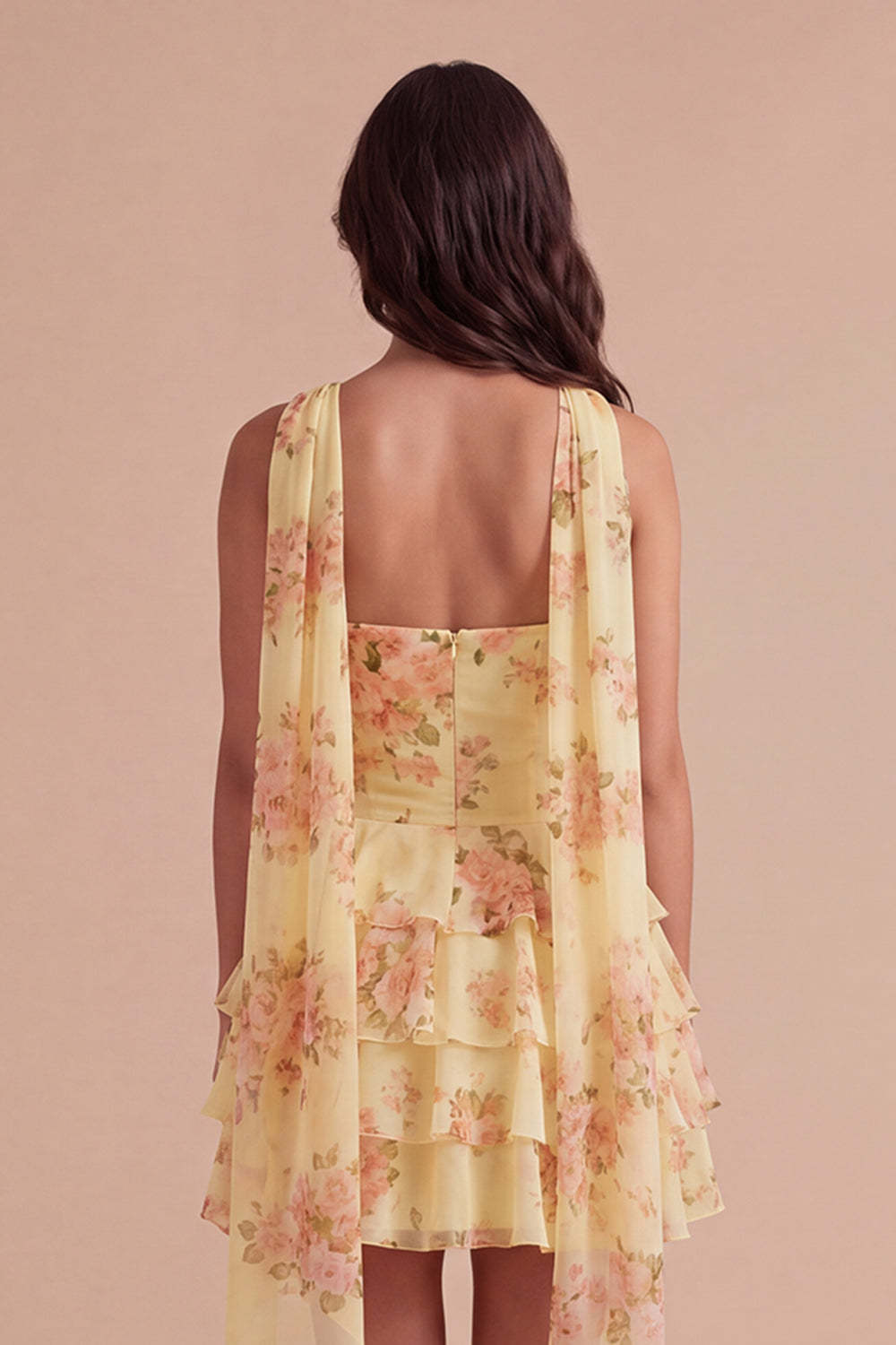 Yellow Ruffled Neck Scarf Floral Short Homecoming Dress