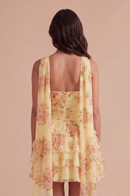 Yellow Ruffled Neck Scarf Floral Short Homecoming Dress