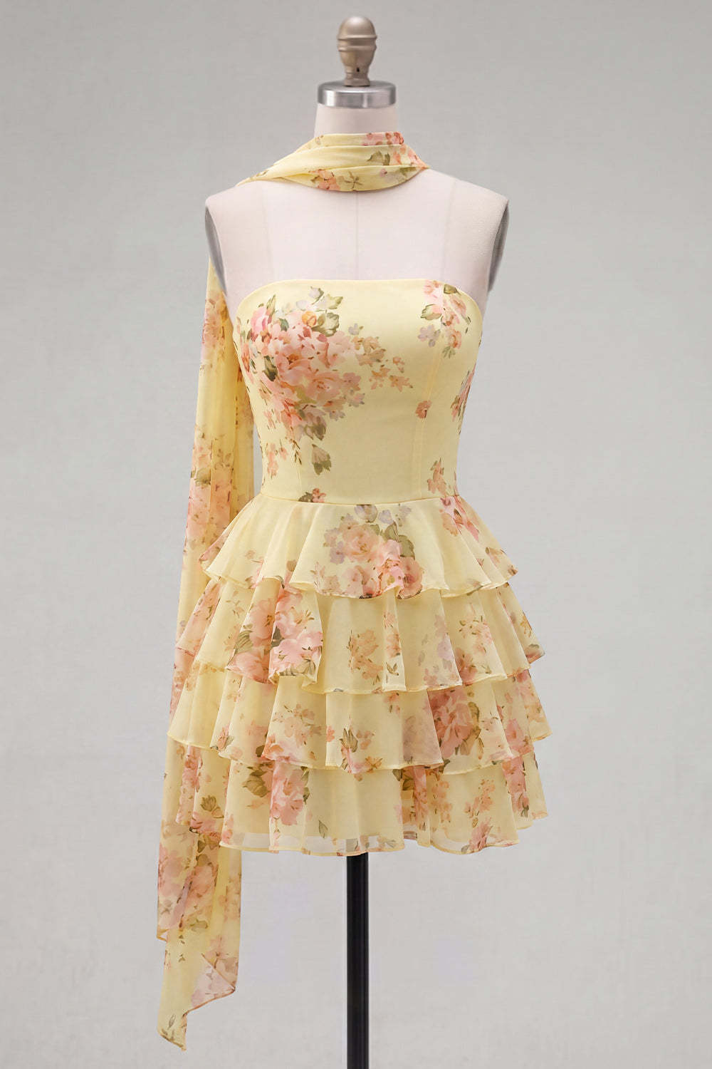 Yellow Ruffled Neck Scarf Floral Short Homecoming Dress
