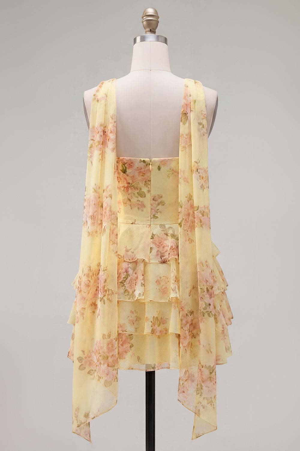 Yellow Ruffled Neck Scarf Floral Short Homecoming Dress