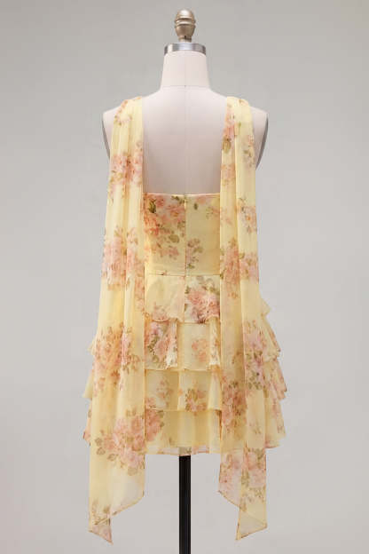 Yellow Ruffled Neck Scarf Floral Short Homecoming Dress
