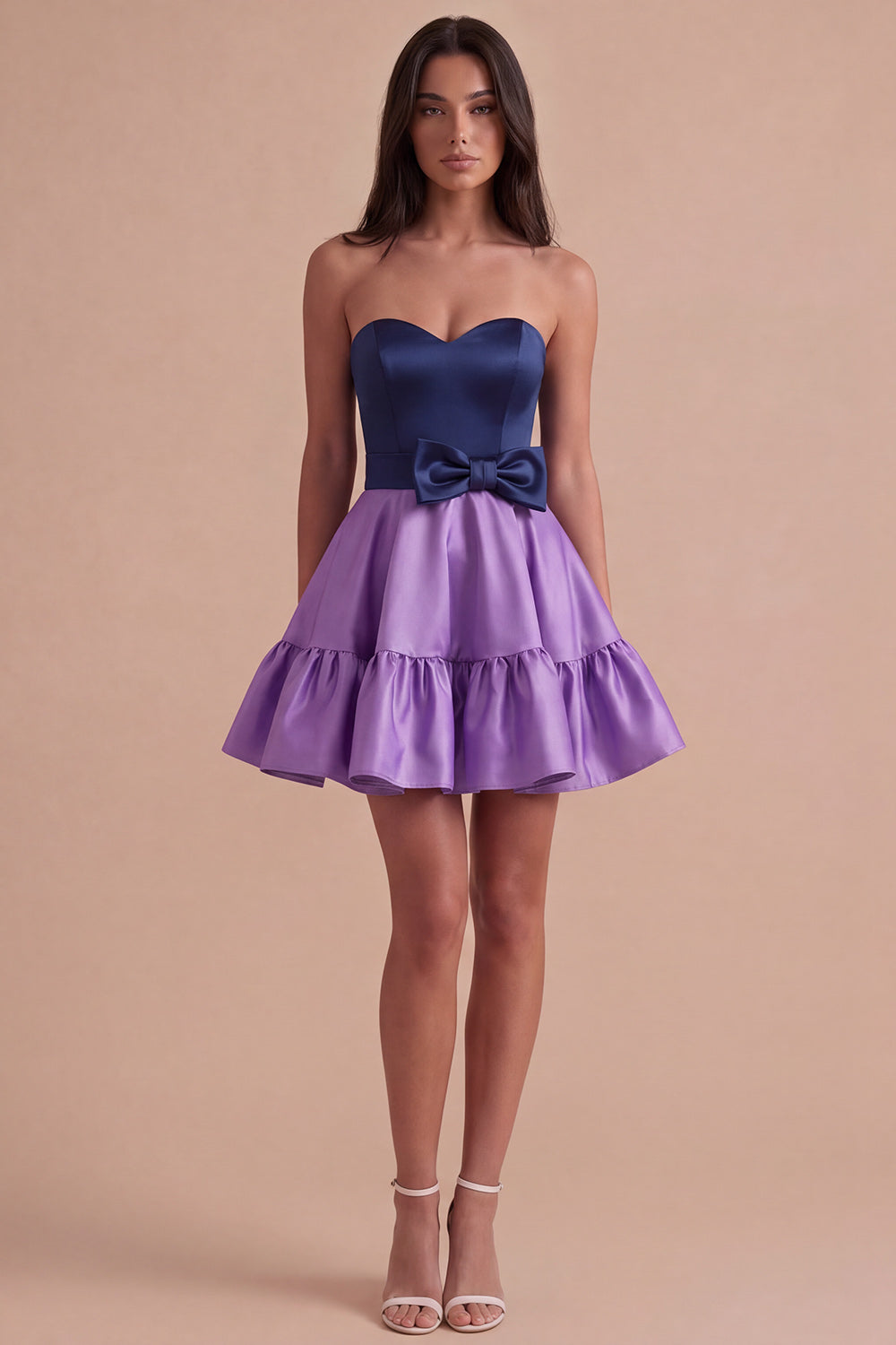 Navy Purple Satin Sweetheart Short Homecoming Dress with Bow