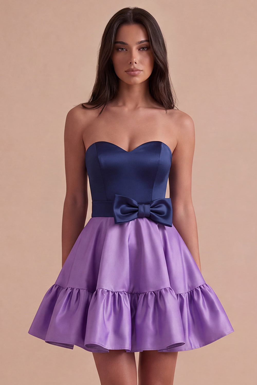 Navy Purple Satin Sweetheart Short Homecoming Dress with Bow