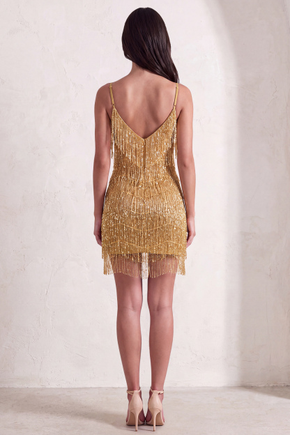 Sparkly Golden Fringed Sequin Spaghetti Straps Short Homecoming Dress