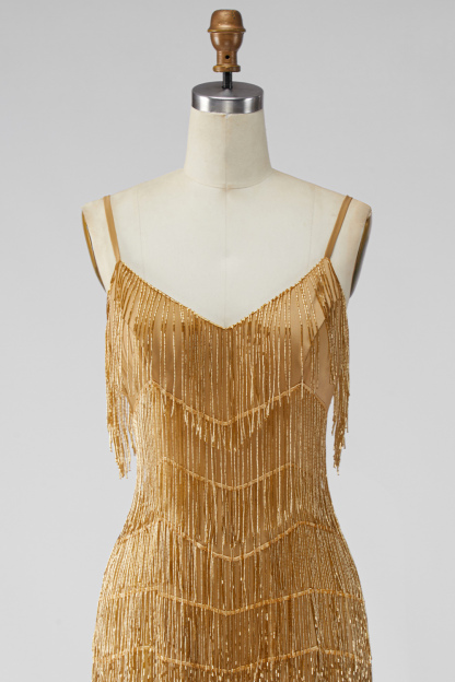 Sparkly Golden Fringed Sequin Spaghetti Straps Short Homecoming Dress