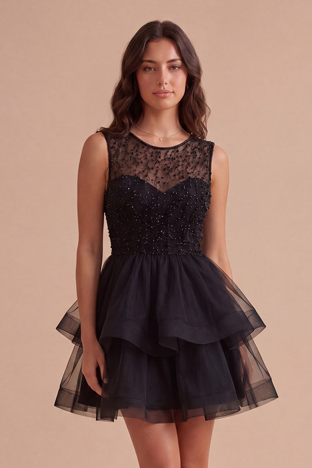 Black A Line Round Neck Ruffled Short Homecoming Dress