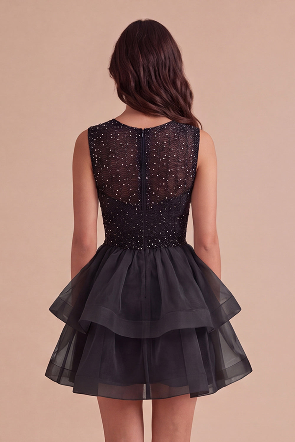 Black A Line Round Neck Ruffled Short Homecoming Dress