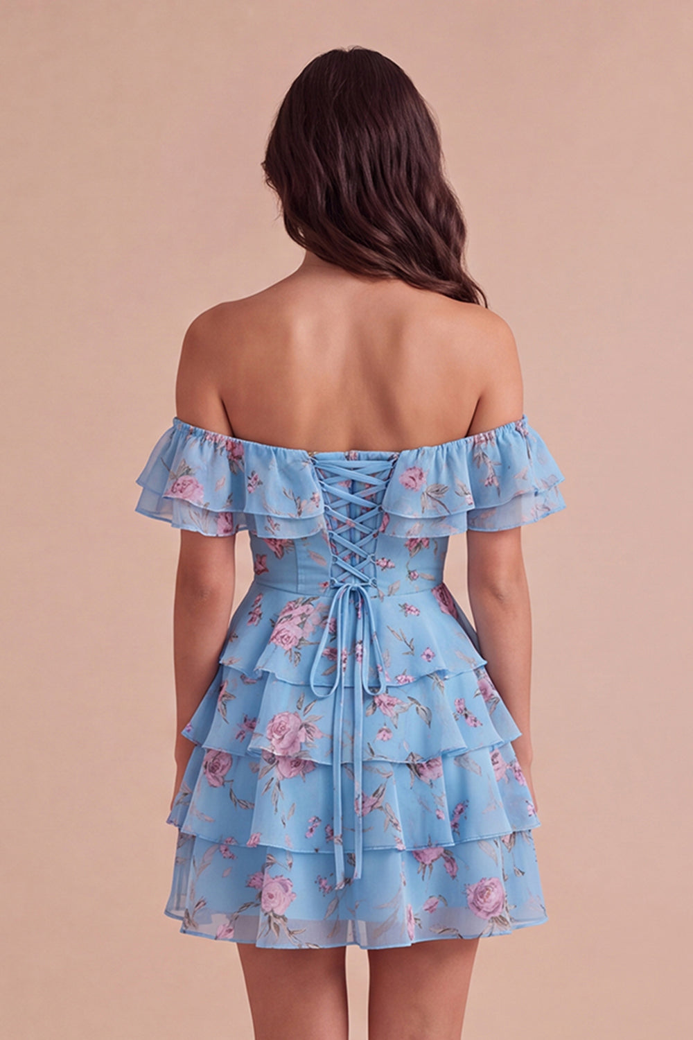 Floral Blue Ruffled Off the Shoulder Short Homecoming Dress