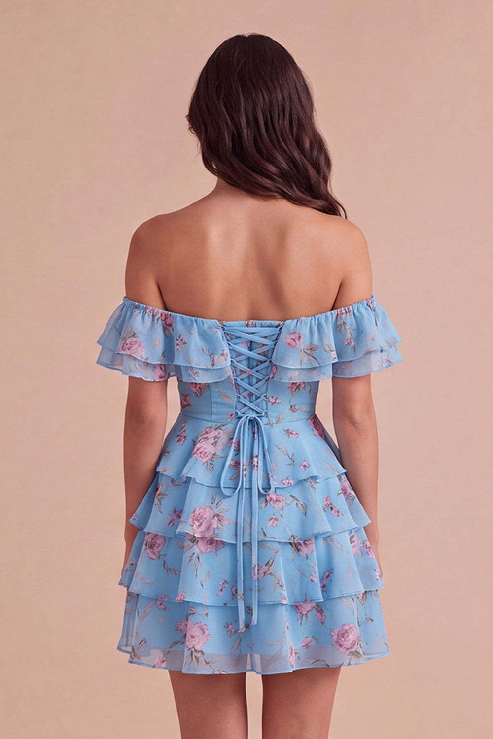 Floral Blue Ruffled Off the Shoulder Short Homecoming Dress