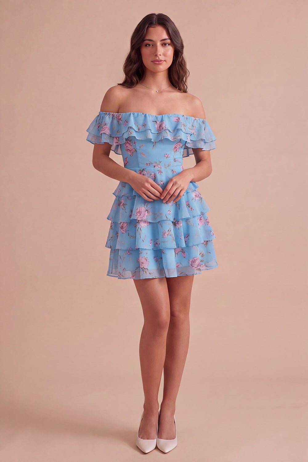 Floral Blue Ruffled Off the Shoulder Short Homecoming Dress