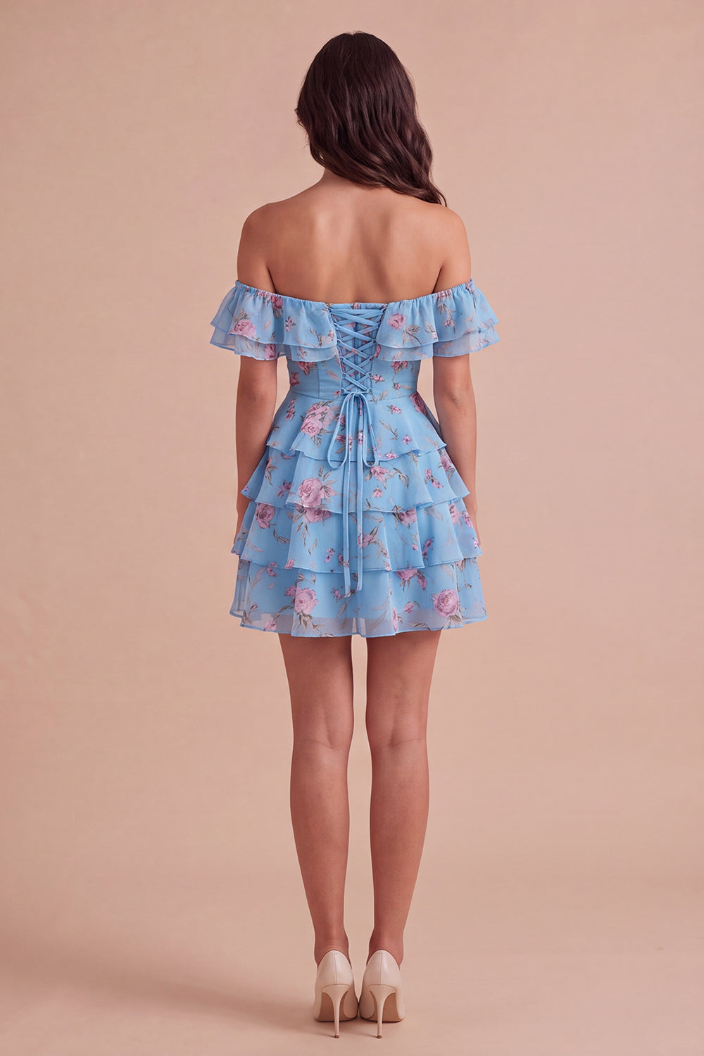 Floral Blue Ruffled Off the Shoulder Short Homecoming Dress