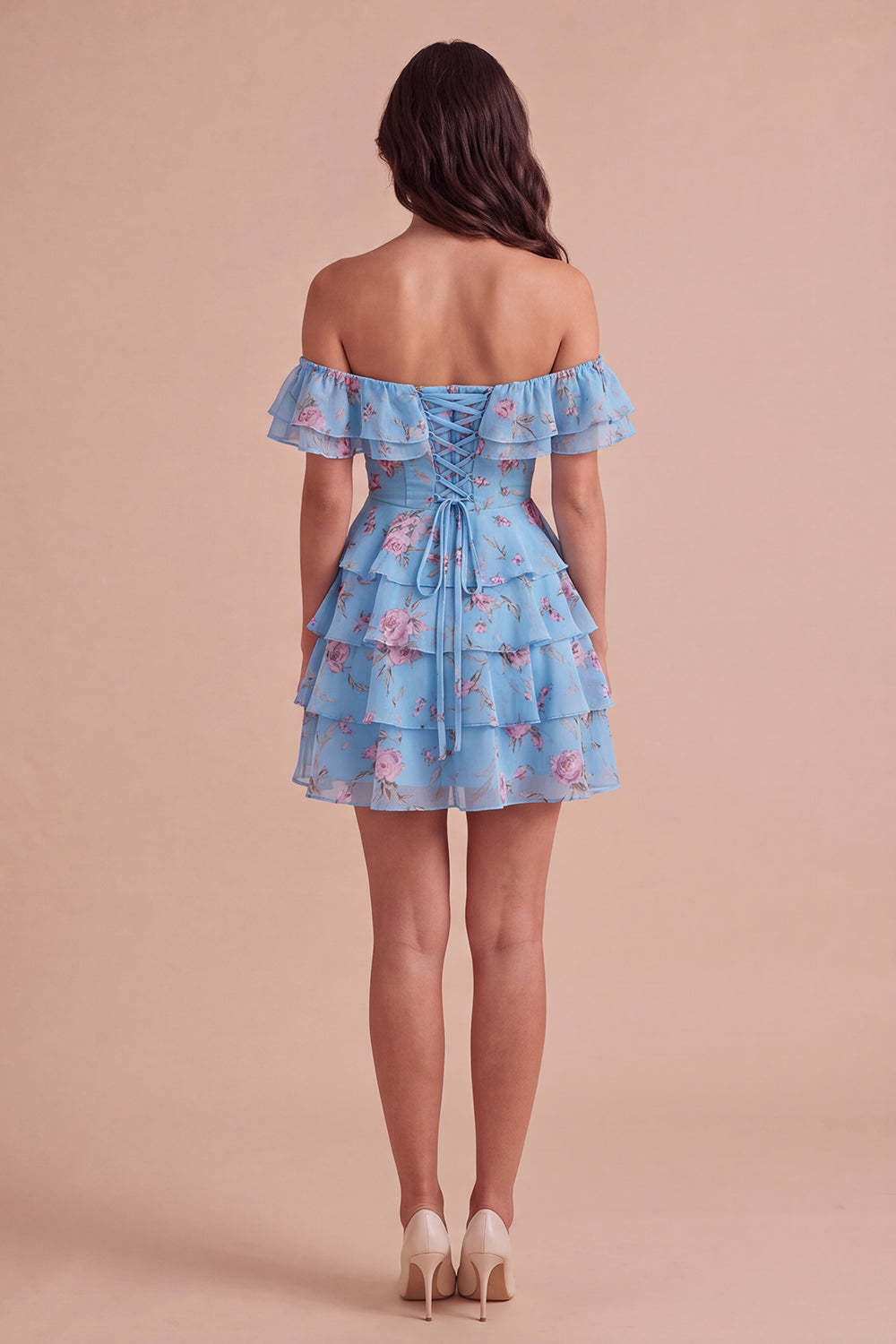 Floral Blue Ruffled Off the Shoulder Short Homecoming Dress