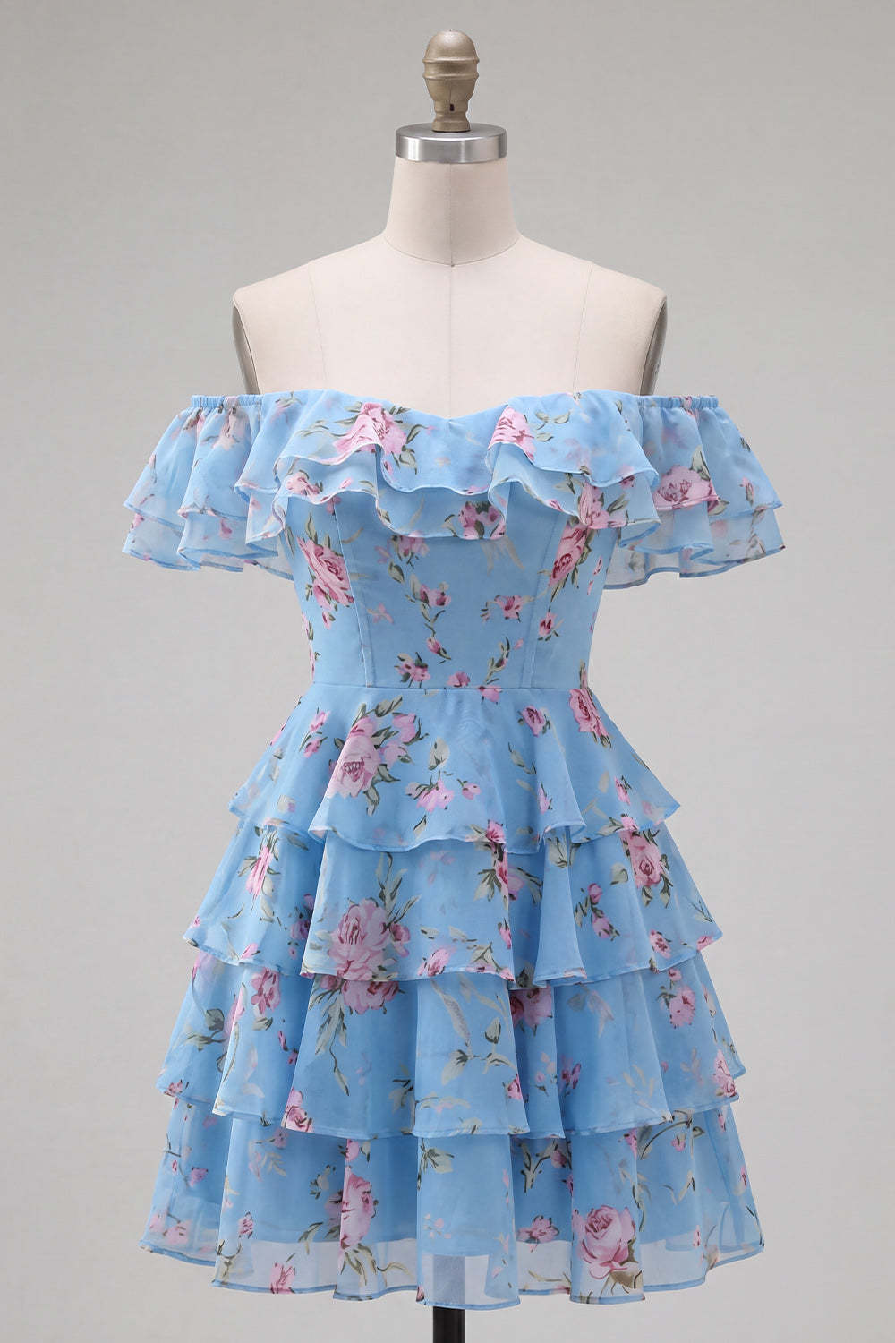 Floral Blue Ruffled Off the Shoulder Short Homecoming Dress