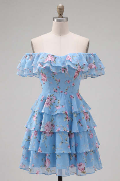 Floral Blue Ruffled Off the Shoulder Short Homecoming Dress
