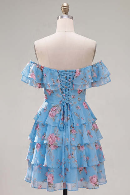 Floral Blue Ruffled Off the Shoulder Short Homecoming Dress