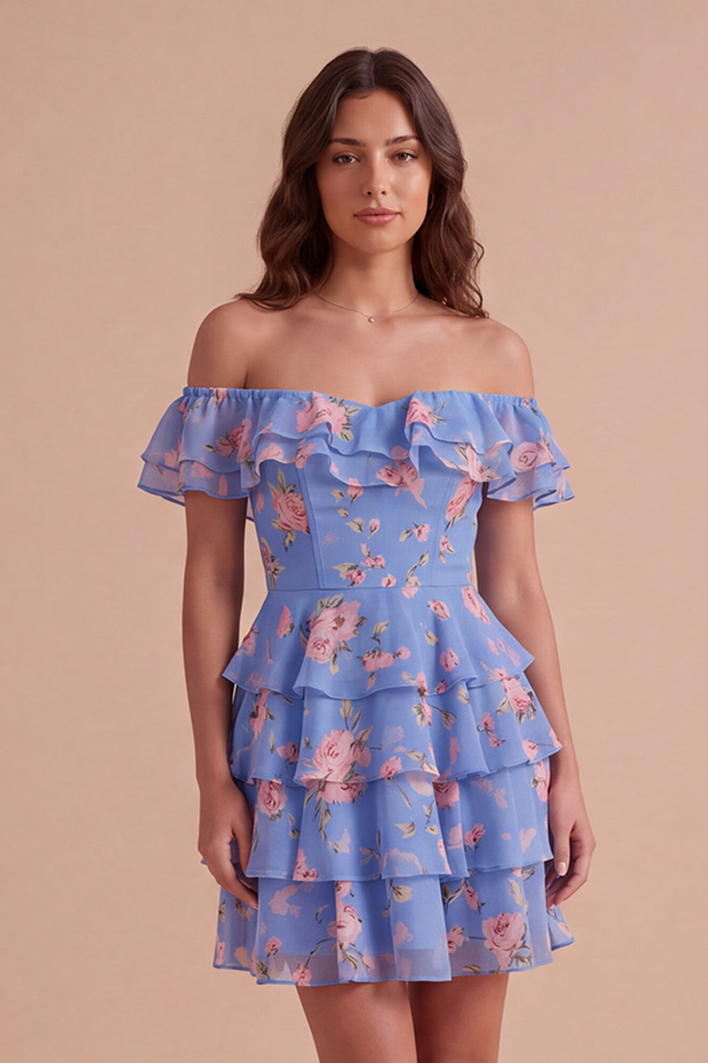 Floral Blue Ruffled Off the Shoulder Short Homecoming Dress