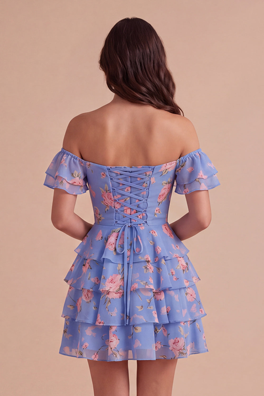 Floral Blue Ruffled Off the Shoulder Short Homecoming Dress