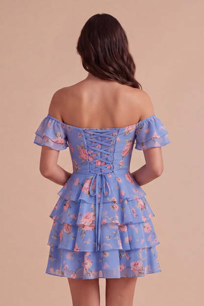 Floral Blue Ruffled Off the Shoulder Short Homecoming Dress