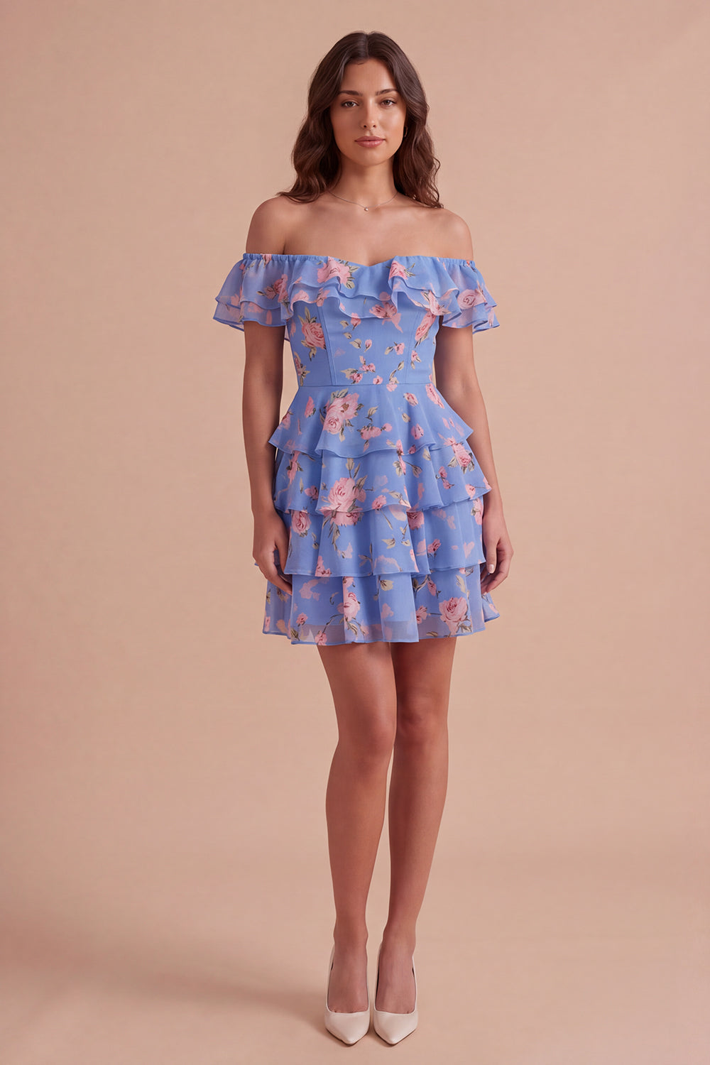 Floral Blue Ruffled Off the Shoulder Short Homecoming Dress