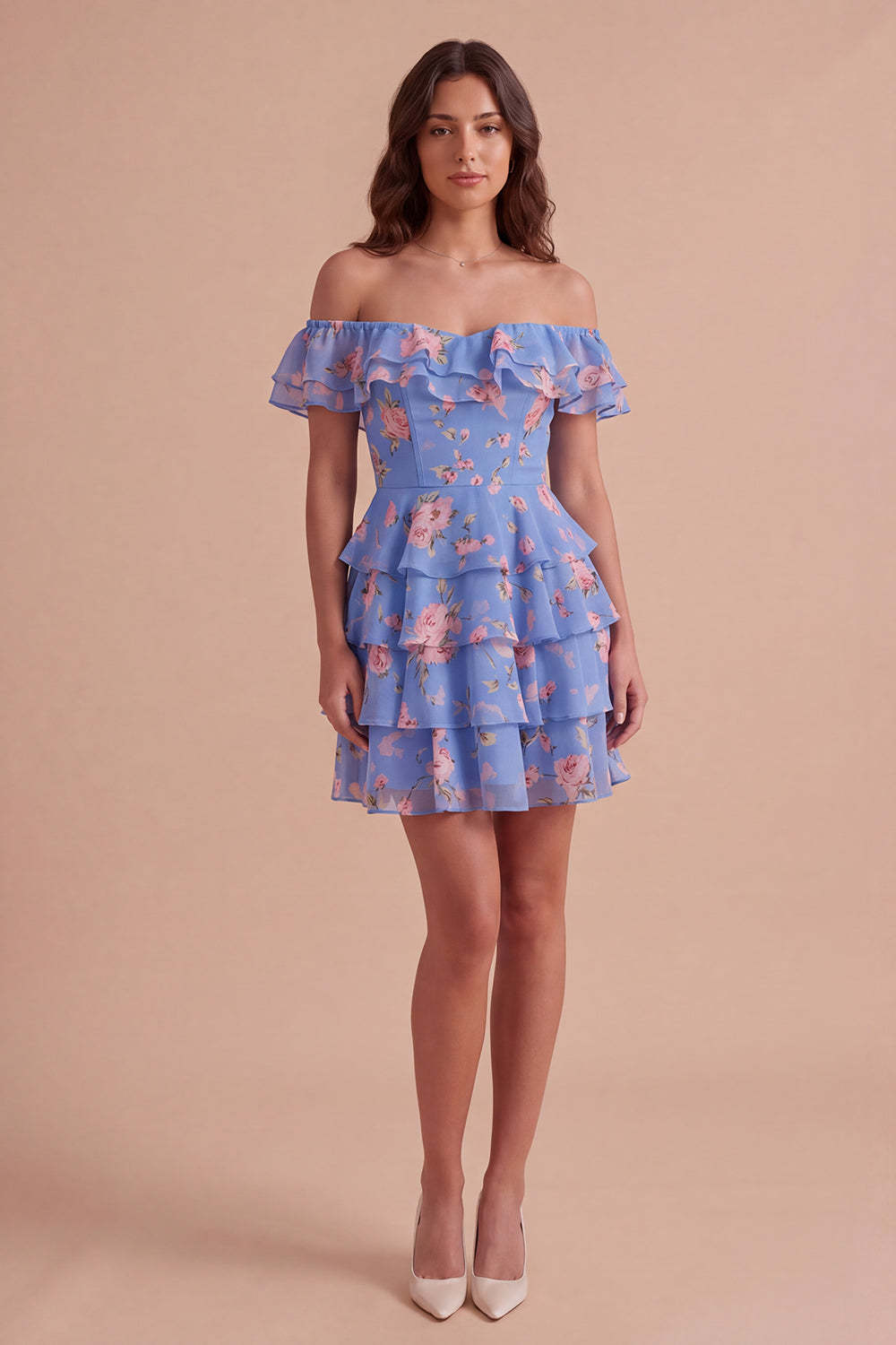 Floral Blue Ruffled Off the Shoulder Short Homecoming Dress