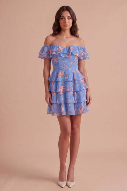 Floral Blue Ruffled Off the Shoulder Short Homecoming Dress