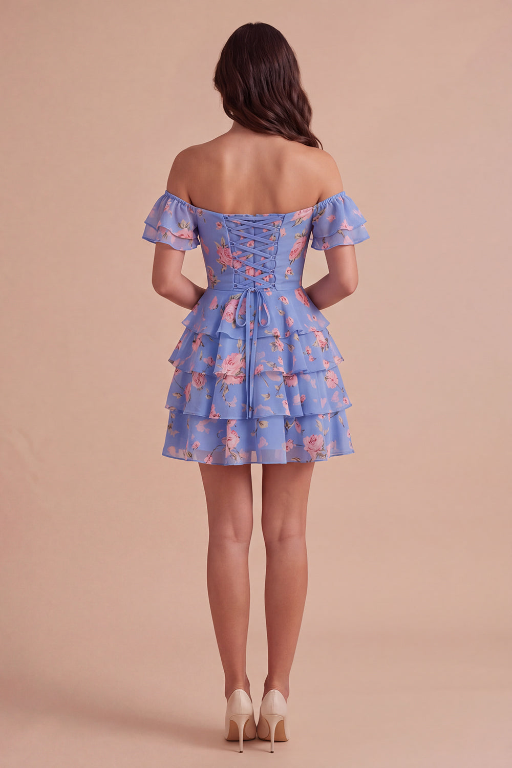 Floral Blue Ruffled Off the Shoulder Short Homecoming Dress