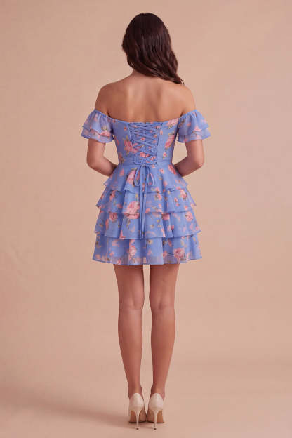Floral Blue Ruffled Off the Shoulder Short Homecoming Dress