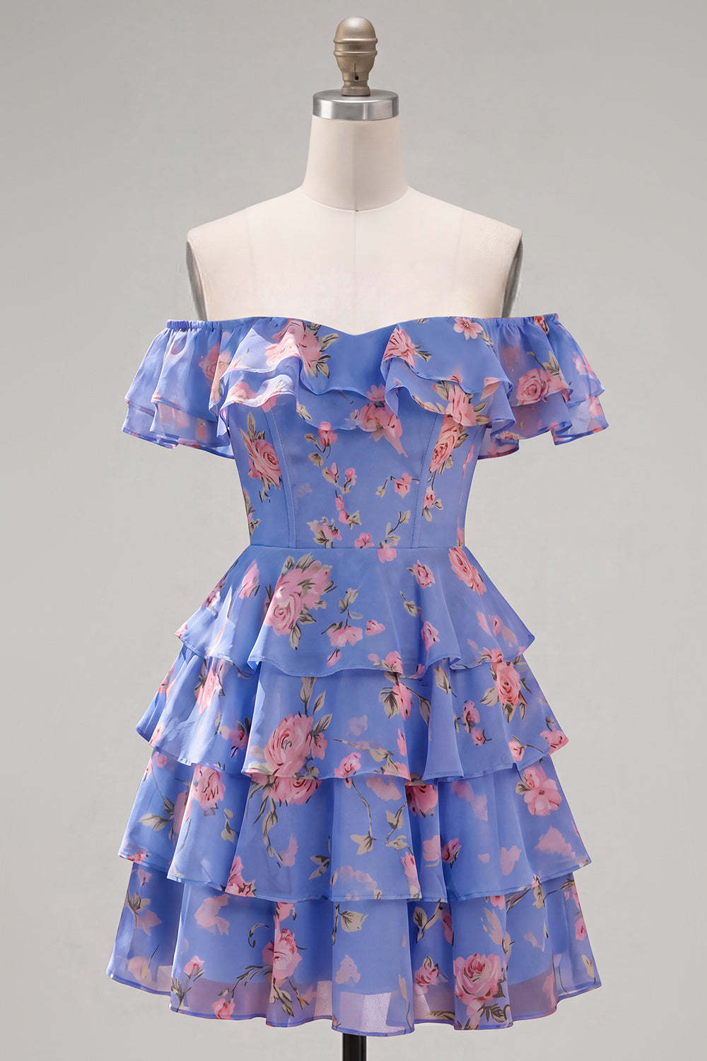 Floral Blue Ruffled Off the Shoulder Short Homecoming Dress