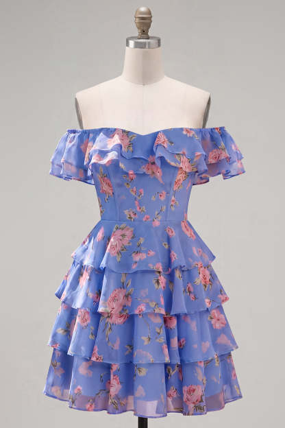 Floral Blue Ruffled Off the Shoulder Short Homecoming Dress